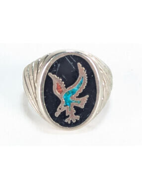 VTG Hawk Tuah Ring Turquoise Southwestern Inlay Size 11 Signed Fair Condition